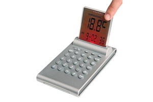 Multifunctional 5in1 calculator &quot;Agator&quot; with coloured push screen for time, date, thermometer, alarm and timer (AAA/ LR03/AM4 excl.)