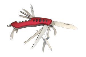 11 piece multifunction tool "Big R." consisting of scissors, large saw, small saw, knife, can opener, bottle opener, cork screw, pricker, file, hole puncher and Philips screw driver, including key ring, in a gift box