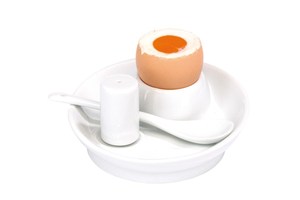 3 piece egg set "First Class" consists of bowl with integrated egg cup and holder for the salt shaker, 1 spoon