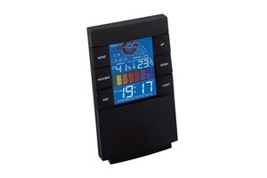 Alarm clock "Stealth" with a weather station, alarm function, date and time display, hygro/thermometer lit up LCD screen - black display with coloured elements