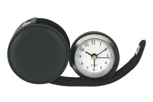 Metal travel alarm clock "Carpe Diem" in round PU pouch