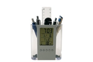 LCD alarm clock/pen holder "Butler" with thermometer and date, with aluminium front