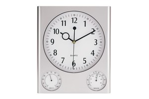 Rectangular wall clock "Saturn" with hygro/ thermometer