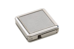 Fold-out handbag holder "Montreux" with a stainless steel surface for advertisement