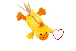 Plush duck pencil case "Hurley" with a zip on the back, soft fur and a heart for printing