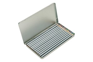 12 long coloured pencils "Silverstar", silver-coated, sharpened, packed in rectangular metal box