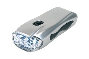 Dynamo light "Turn me" with fold-out dynamo crank lever to generate energy, with battery