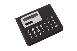 Memobox "Recall" with an 8-digit dual power calculator in the lid, self-adhesive labels and note pads