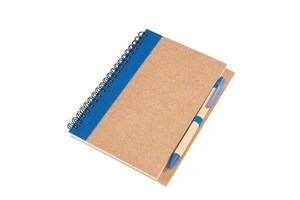 Note book "Recycle" made out of recycled paper/cardboard in a DIN A6 format, plastic parts of the pen (black ink) is biodegradable
