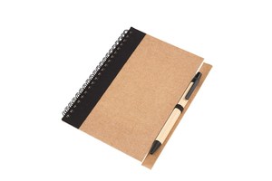 Note book "Recycle" made out of recycled paper/cardboard in a DIN A6 format, plastic parts of the pen (black ink) is biodegradable