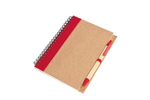Note book "Recycle" made out of recycled paper/cardboard in a DIN A6 format, plastic parts of the pen (black ink) is biodegradable