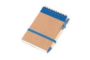 Note book "Recycle" made out of recycled paper/cardboard, plastic parts of the pen (black ink) is biodegradable