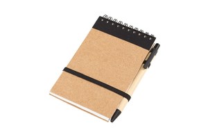 Note book "Recycle" made out of recycled paper/cardboard, plastic parts of the pen (black ink) is biodegradable