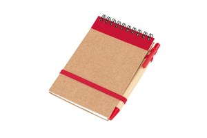 Note book "Recycle" made out of recycled paper/cardboard, plastic parts of the pen (black ink) is biodegradable