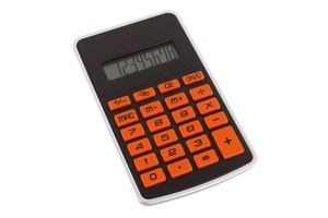 8-digit calculator "Touchy" with rubber-coated orange buttons